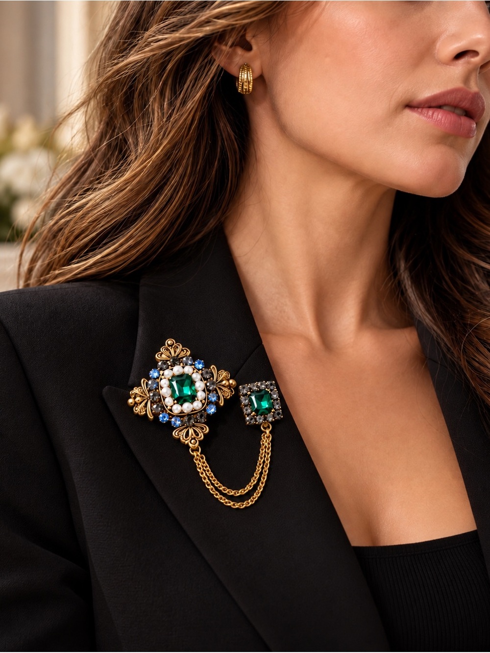 Emerald Green Crystal Chain Brooch